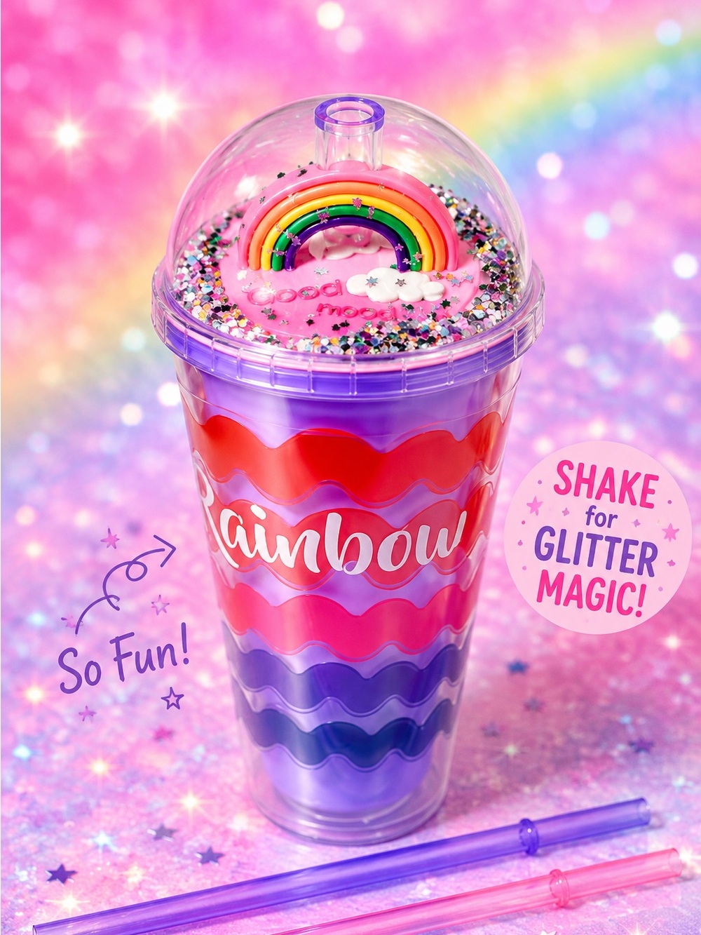NEW - Fun Colorful Rainbow Shaky Glitter Lid & Tumbler Cup with 2 Straws